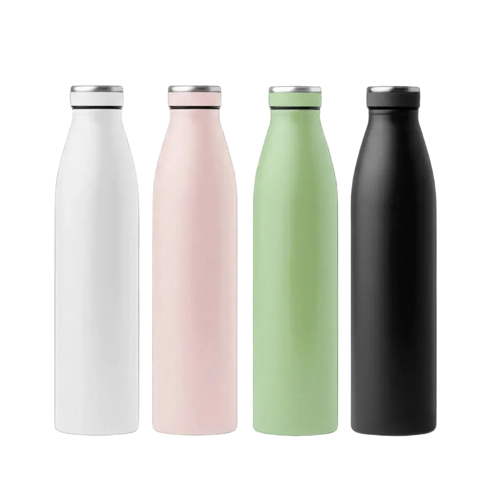 Four insulated bottles in white, pink, green, and black on a black background