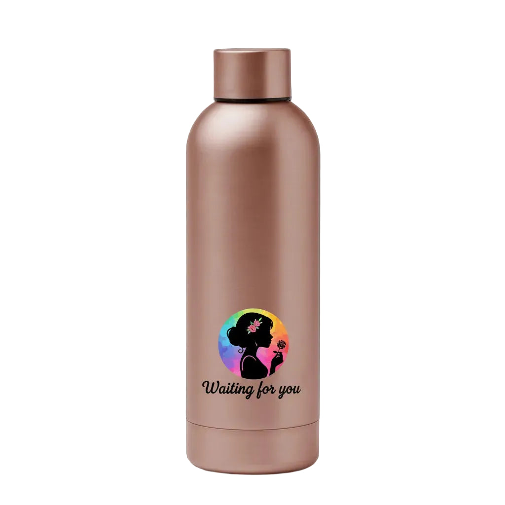 Rose gold water bottle with colorful design and text on a black background