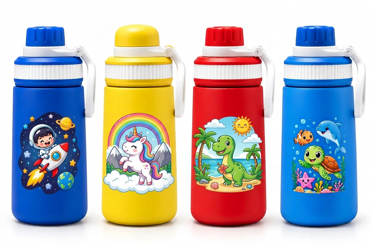 Four children's water bottles in blue, yellow, red, and blue, each decorated with a colorful cartoon illustration and shown on a white background. change the resolution of the image