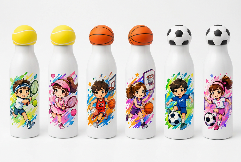 Six white insulated water bottles with colorful cartoon sports illustrations and matching caps, shown on a plain white background. the image is not properly visible on the shopify , adjust the image esolution

