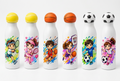 Six white insulated water bottles with colorful cartoon sports illustrations and matching caps, shown on a plain white background. the image is not properly visible on the shopify , adjust the image esolution
