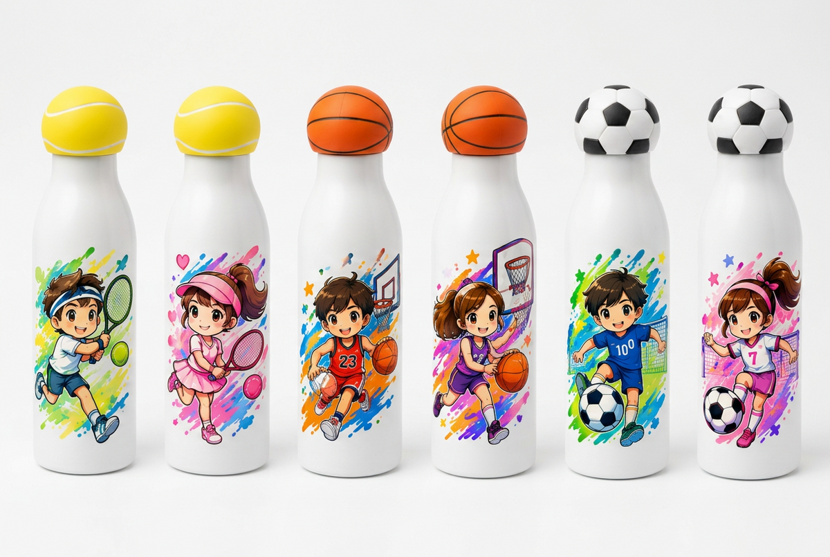 Six white insulated water bottles with colorful cartoon sports illustrations and matching caps, shown on a plain white background. the image is not properly visible on the shopify , adjust the image esolution
