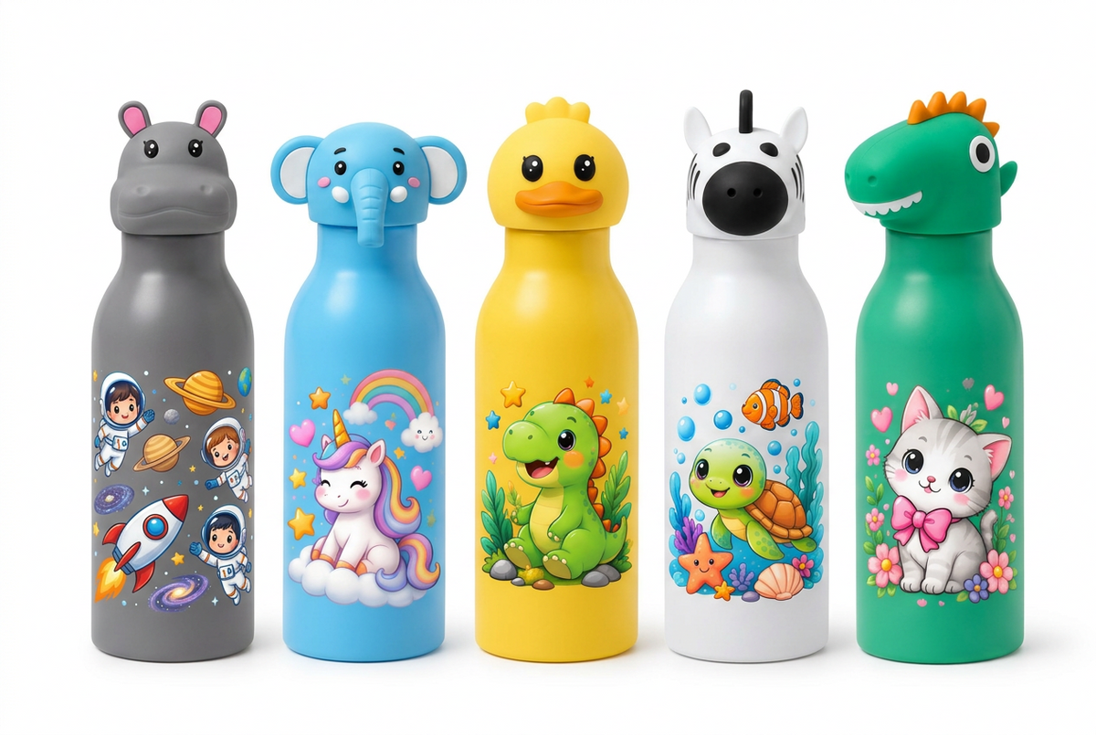 Five cartoon-themed water bottles shown upright on a white background, with matching illustrated character graphics printed below each bottle. The bottles are gray, blue, yellow, white, and green, and the characters include an astronaut, unicorn, duck, zebra, and dinosaur.