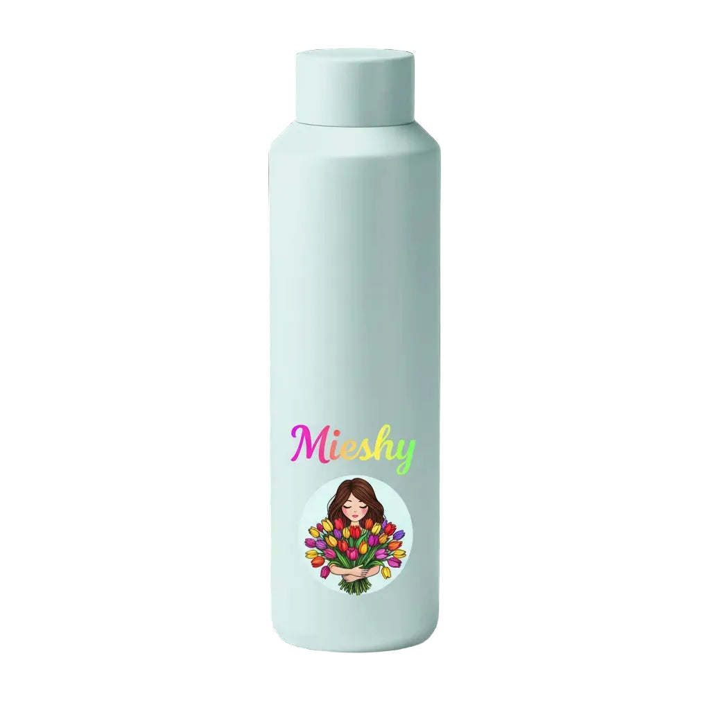 Light blue water bottle with 'Mieshy' branding and a graphic of a woman holding flowers on a black background