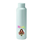 Light blue water bottle with 'Mieshy' branding and a graphic of a woman holding flowers on a black background