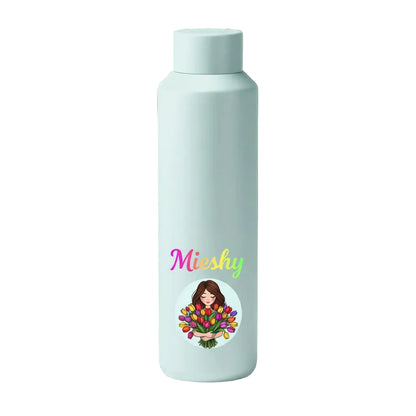 Light blue water bottle with 'Mieshy' branding and a graphic of a woman holding flowers on a black background