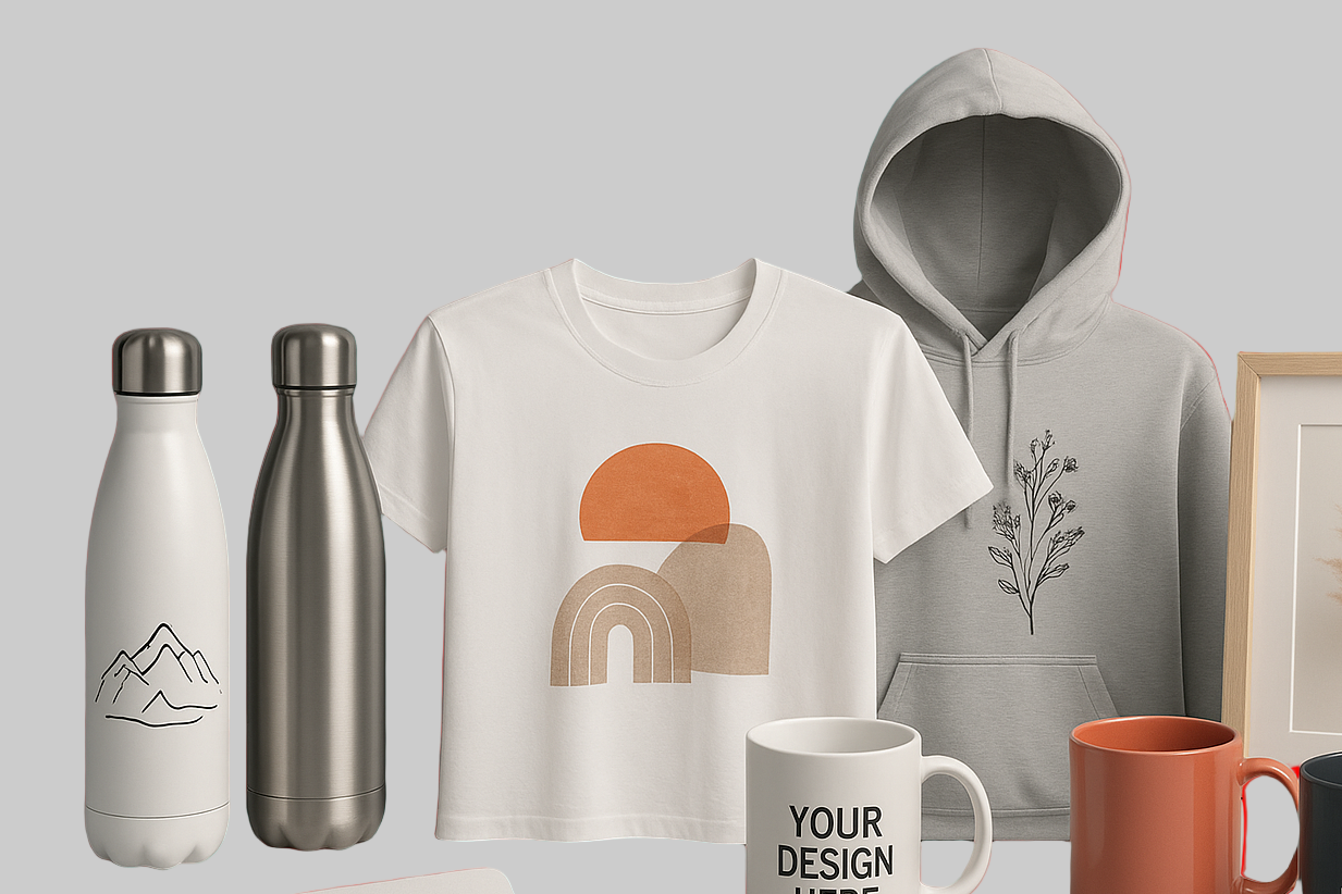 generate a background image for my website Lelyprints with Metal and printable bottles,design Tshirts,artistic Hoodies, Photoframes , Keychains ,colorful Mugs