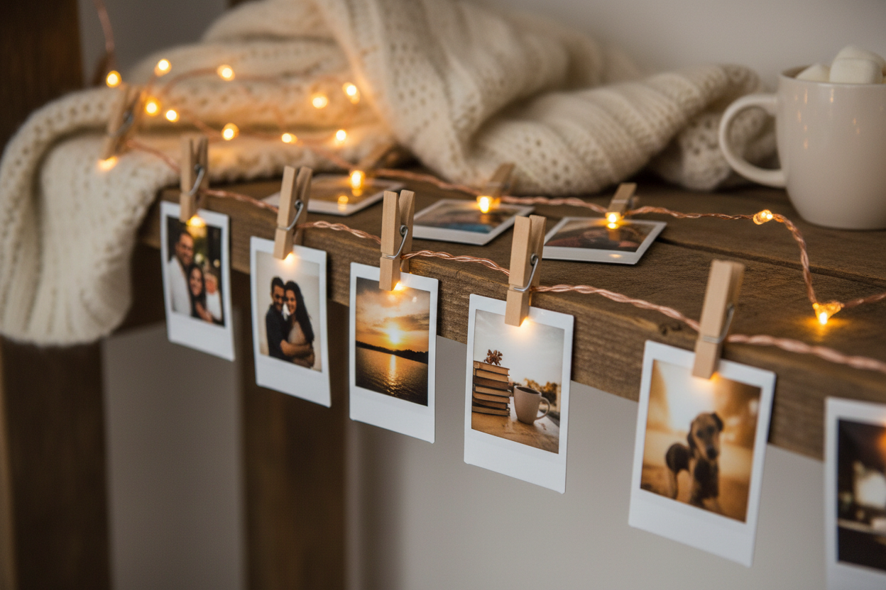 led thread , with small brown clips attached to poloroid photos